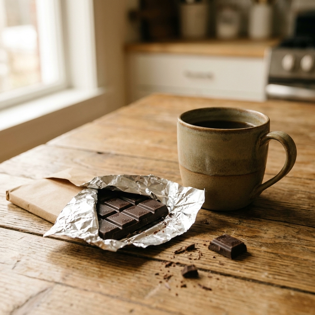 A partially unwrapped dark chocolate bar on a wooden kitchen table near a mug.