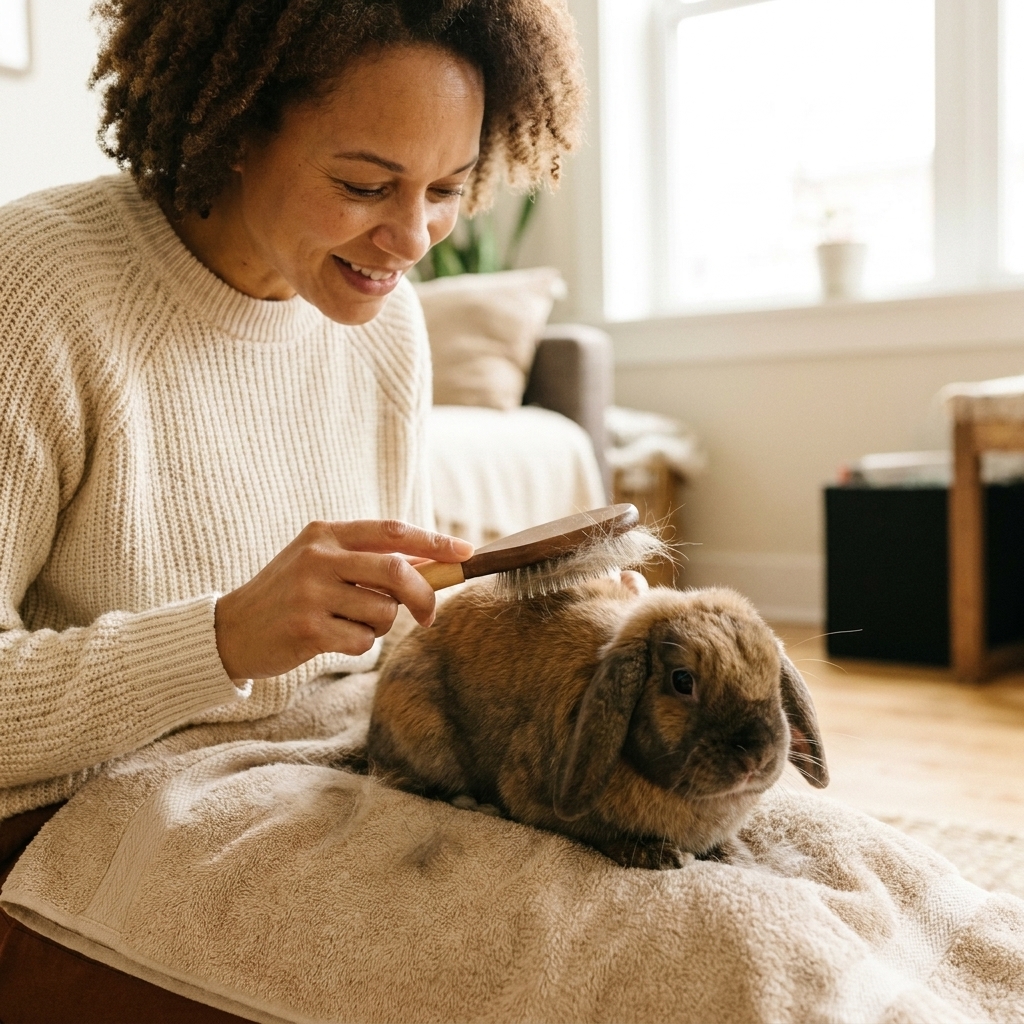 A person gently brushing a calm pet rabbit on a towel indoors, with loose fur visible on the brush