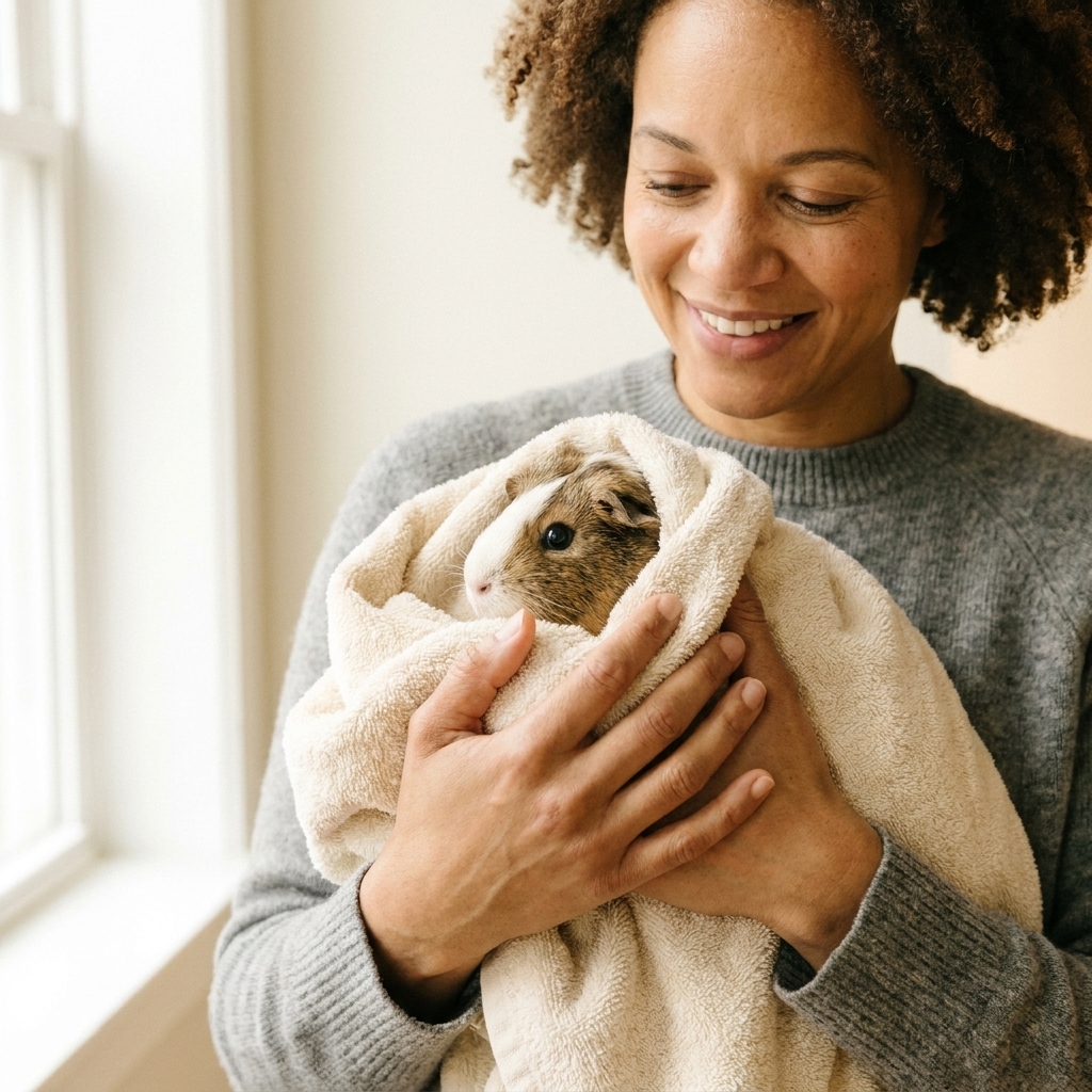 A person holding a guinea pig wrapped snugly in a soft towel, supporting the body with both hands