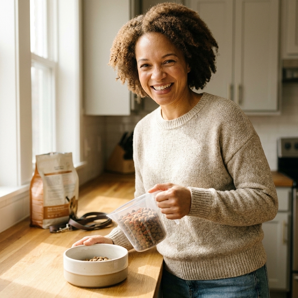 A person holding a measuring cup over a dog bowl while portioning kibble on a countertop