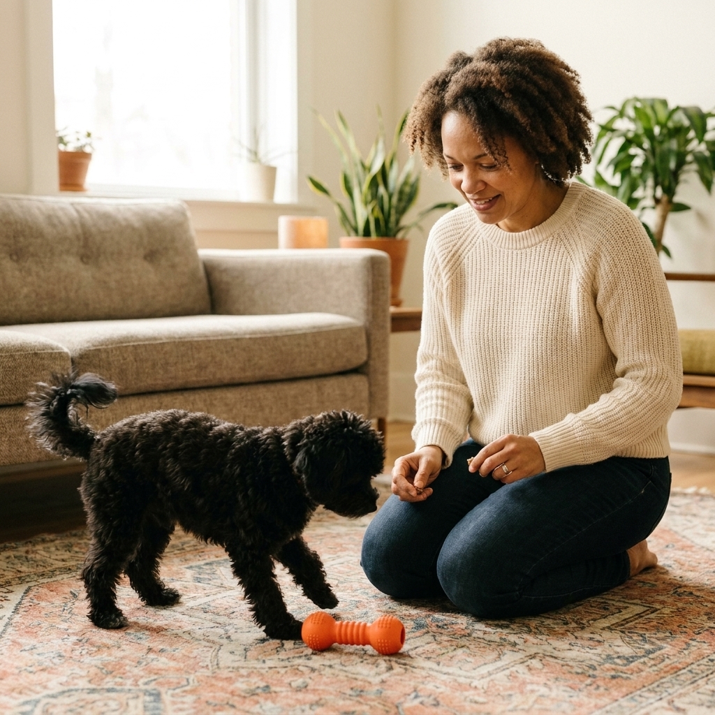 A person holding a small treat at knee level while a small black dog releases a rubber toy on a living room rug, focused and calm