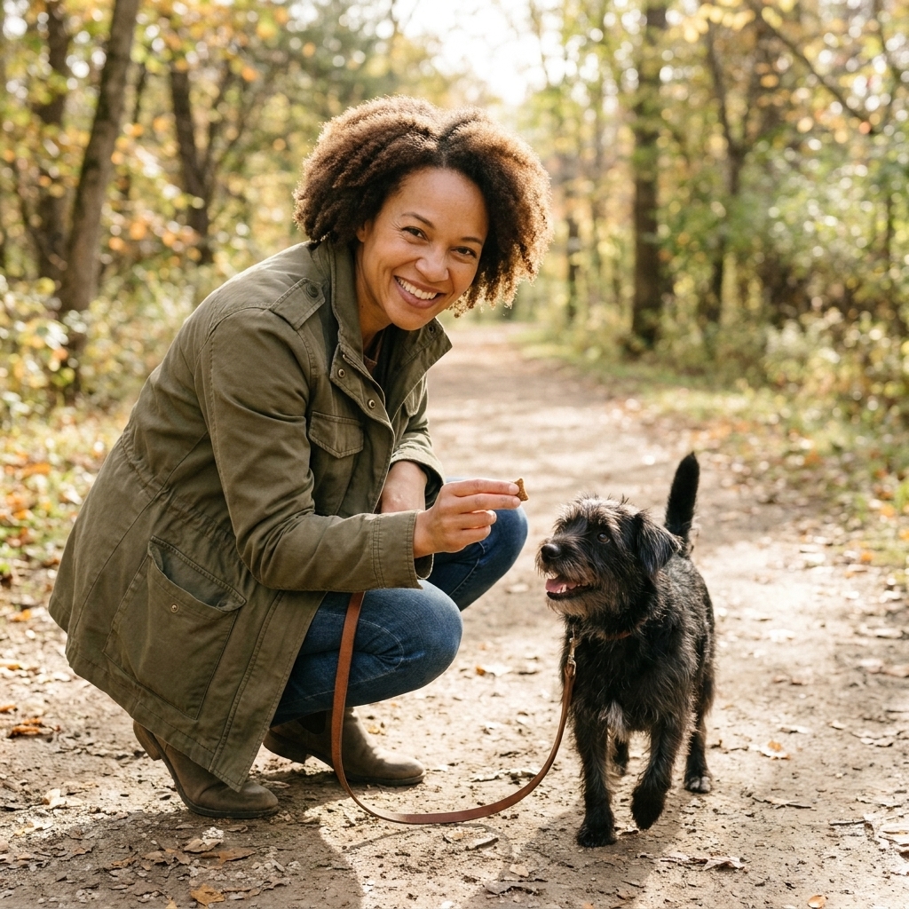 A person holding a treat at knee level while a small black dog walks beside them on a slack leash on a quiet path