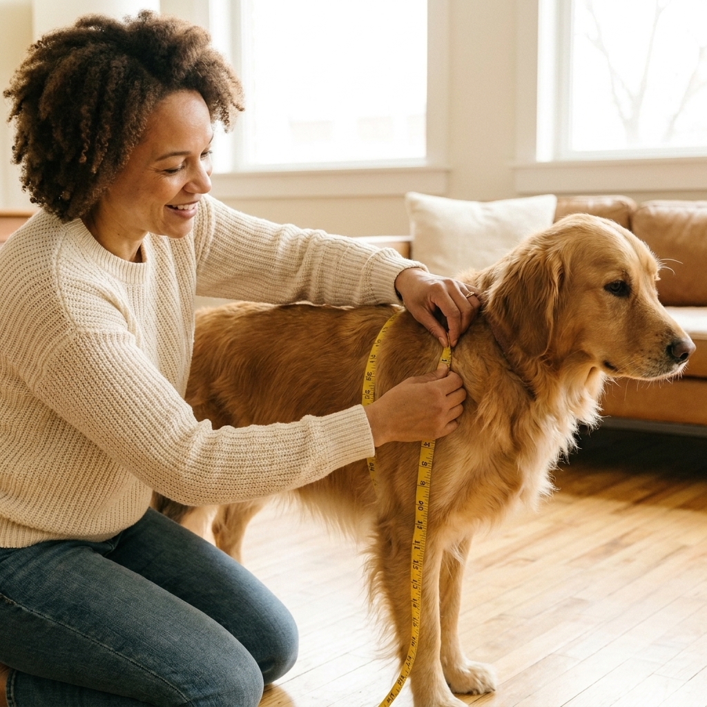 A person measuring a medium-sized dog with a soft measuring tape around the chest and along the back to size a winter coat