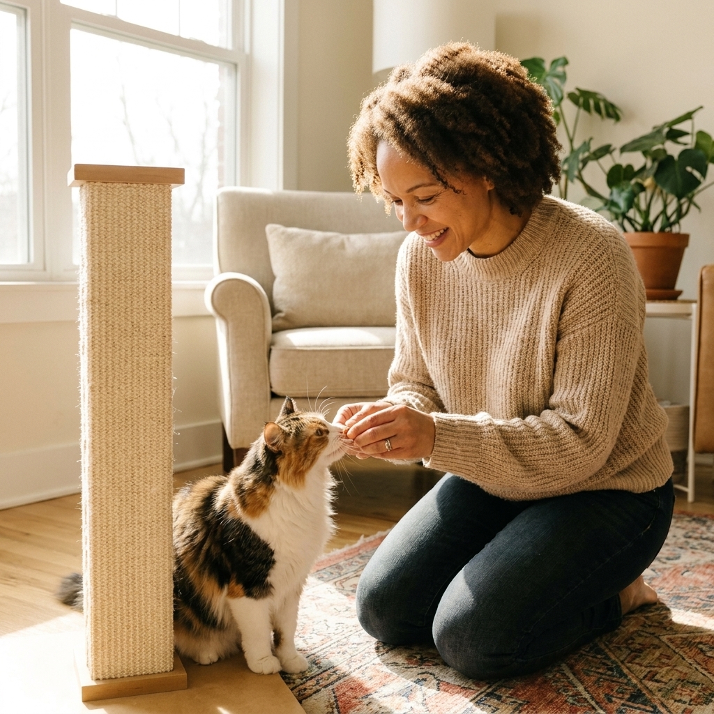 A person offering a small treat to a cat that has just used a scratching post in a living room