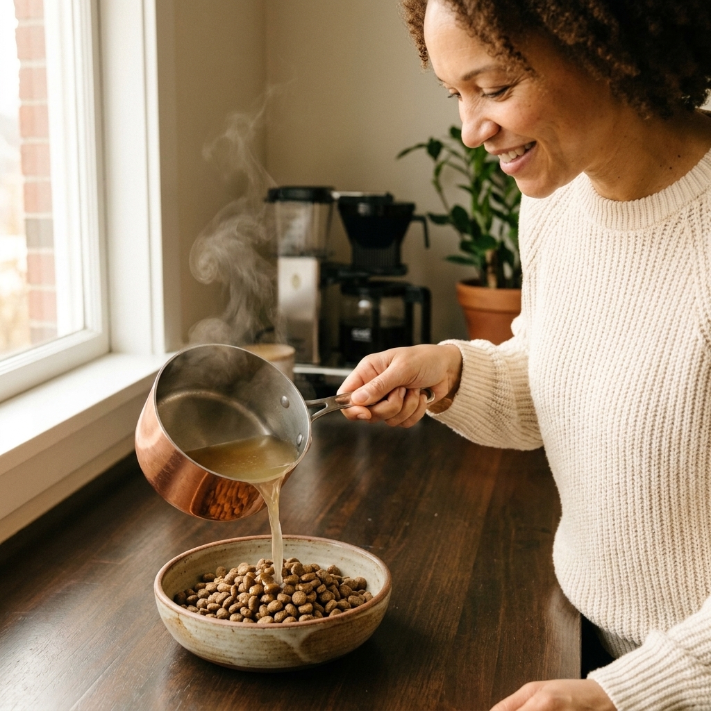 A person pouring warm, clear bone broth from a small saucepan over dry dog kibble in a ceramic bowl on a kitchen counter