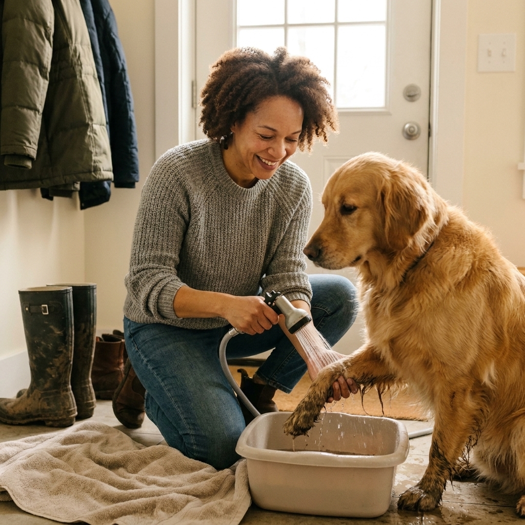 A person rinsing a dog's muddy winter paws with lukewarm water near an entryway, with a towel ready for drying