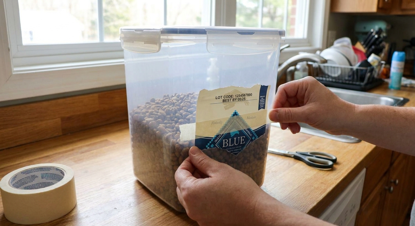 A person tapes a cut-out section of a dry pet food bag label, including the lot code area, onto the outside of a plastic storage container on a kitchen counter