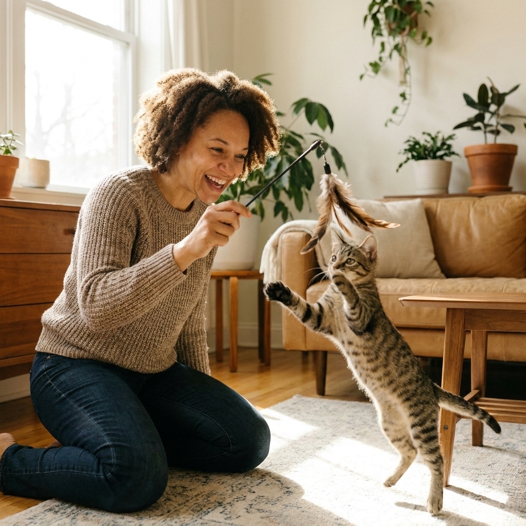 A person using a feather wand toy to play with a young adult cat in a living room, mid-action with the cat pouncing
