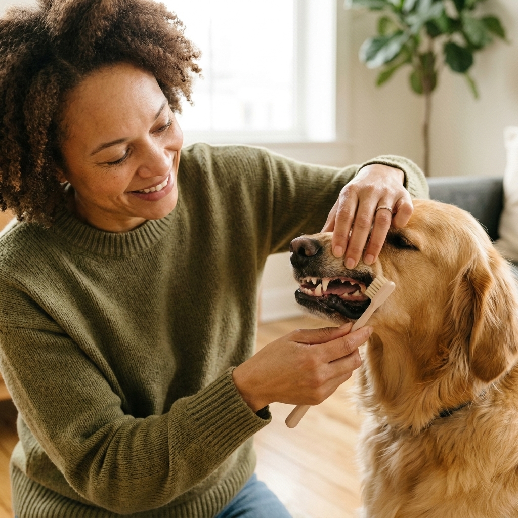 A pet parent gently lifts a dog’s lip and brushes the outer molars near the gumline with a soft dog toothbrush