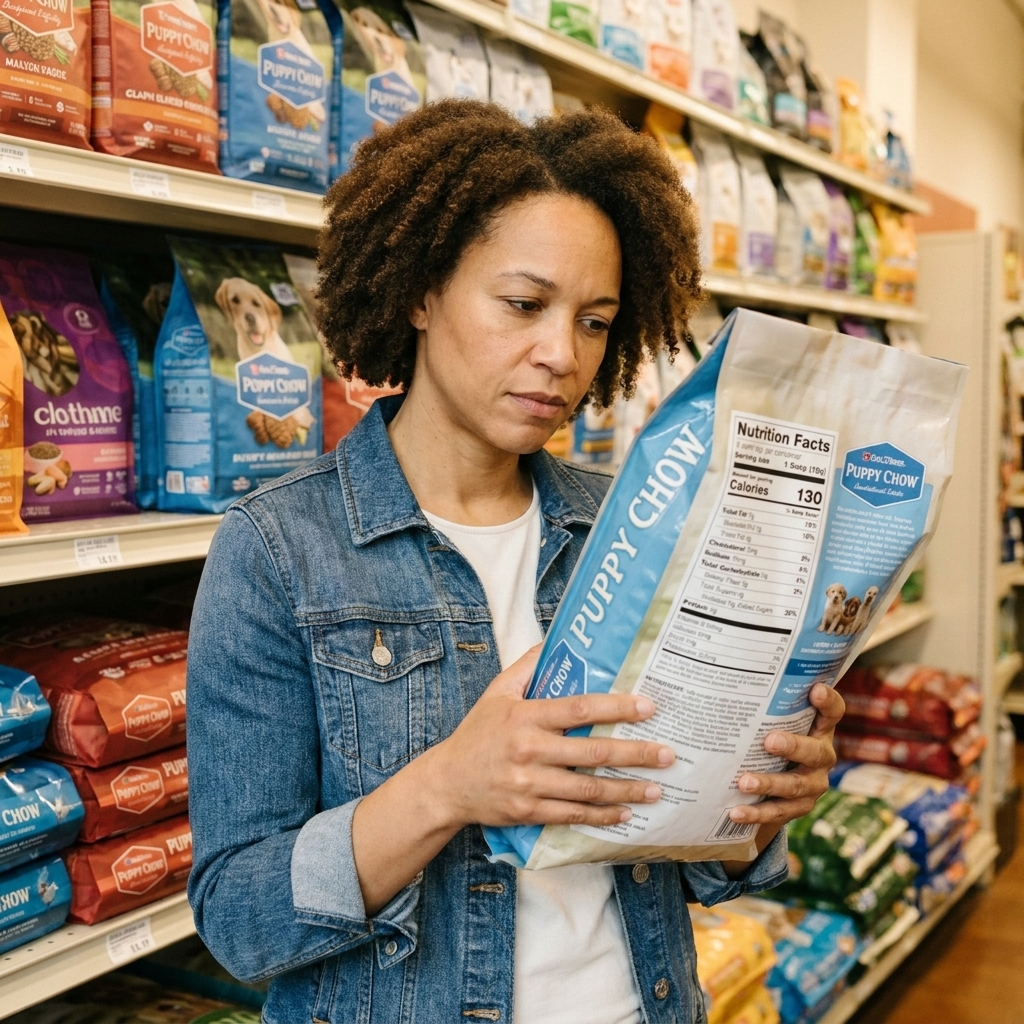 A pet parent holding a bag of puppy food and reading the label carefully in a pet store aisle with shelves of dog food behind them
