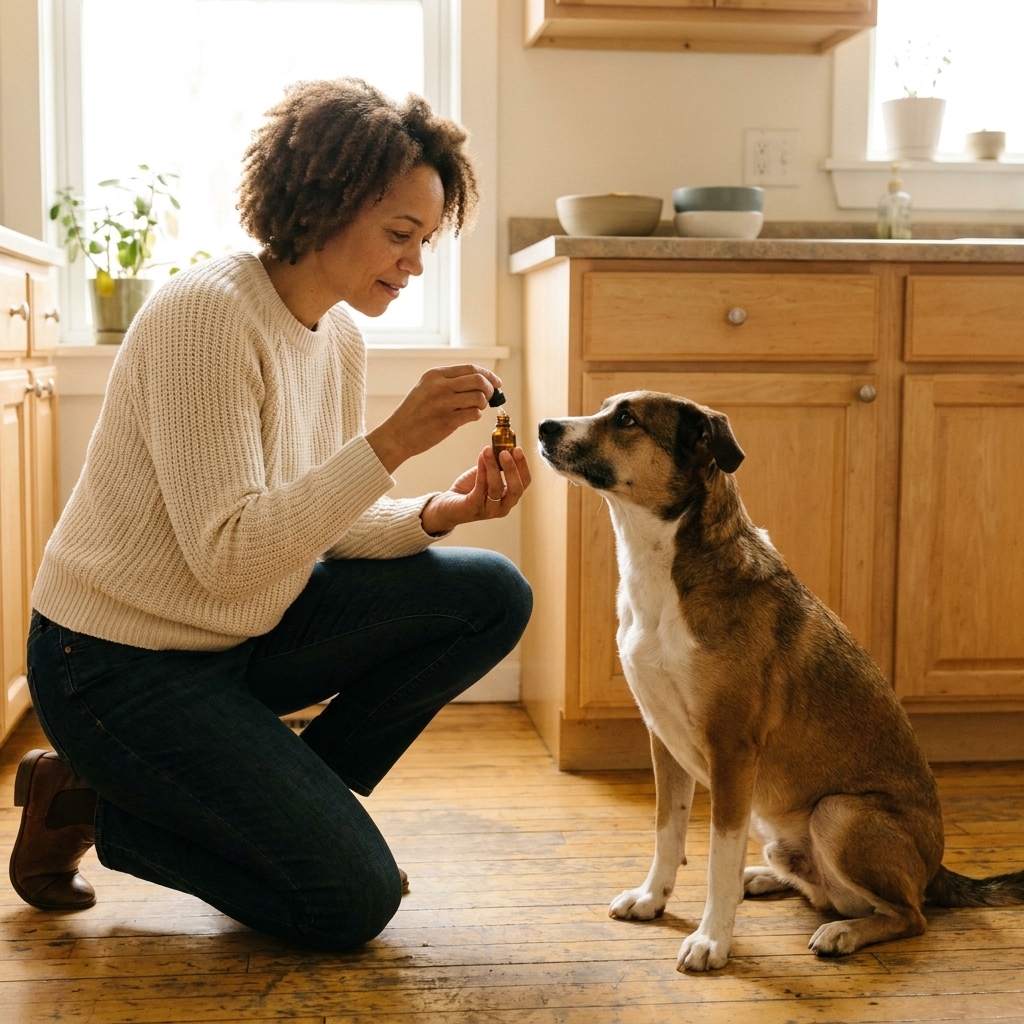 A pet parent holding a small dropper bottle near a calm medium-sized dog sitting on a kitchen floor, with the dog looking up curiously