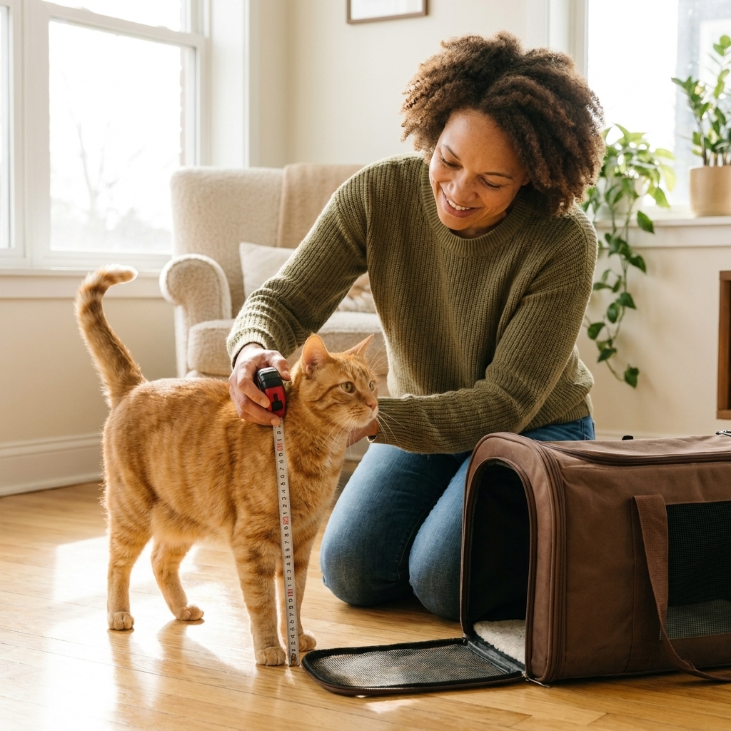 A pet parent measuring a standing adult cat from shoulder height to the floor next to a soft-sided travel carrier on a living room floor