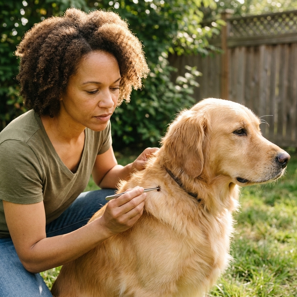A pet parent uses fine-tipped tweezers to remove a tick from a dog near the shoulder