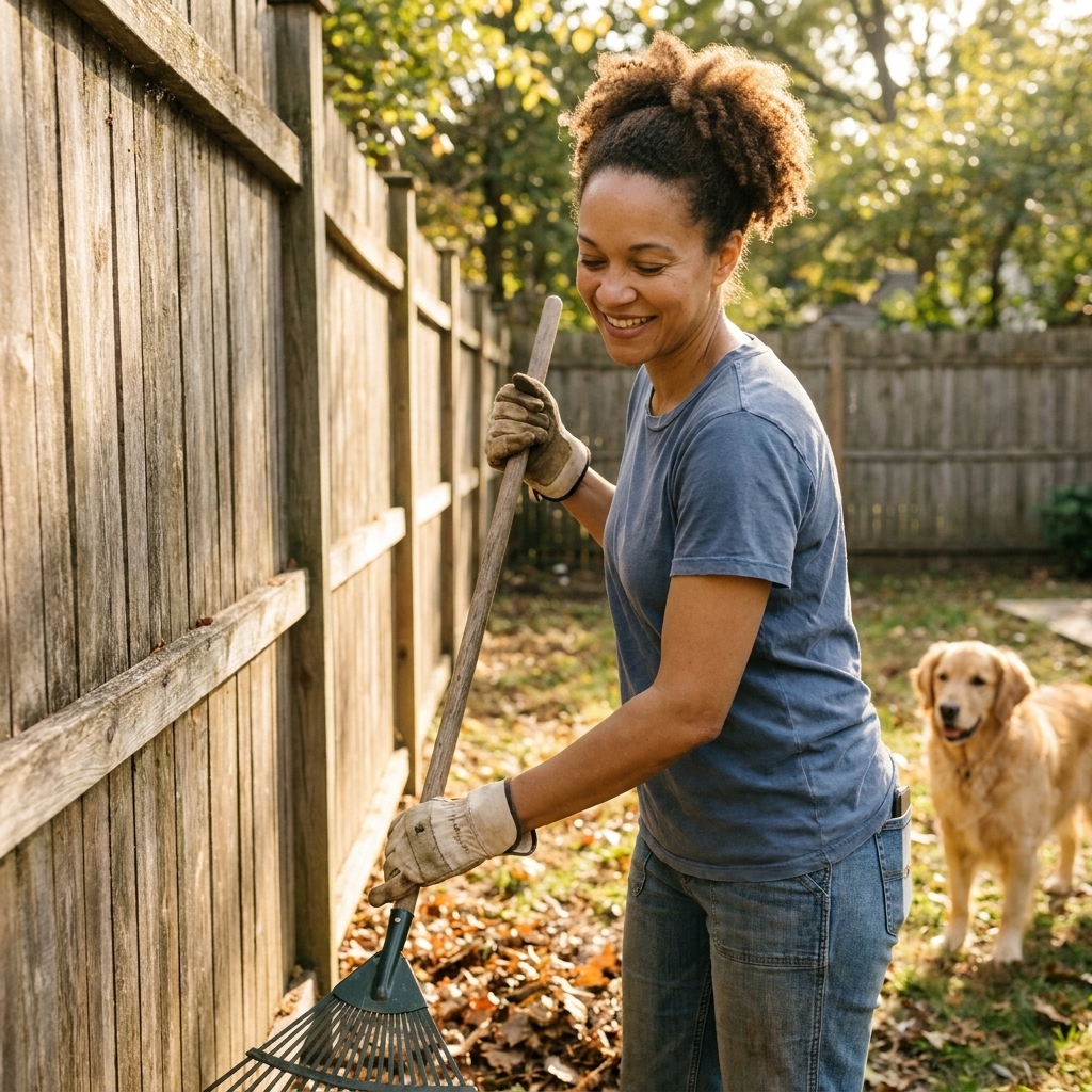 A pet parent wearing gardening gloves rakes leaf litter away from a fence line in a backyard to reduce tick habitat