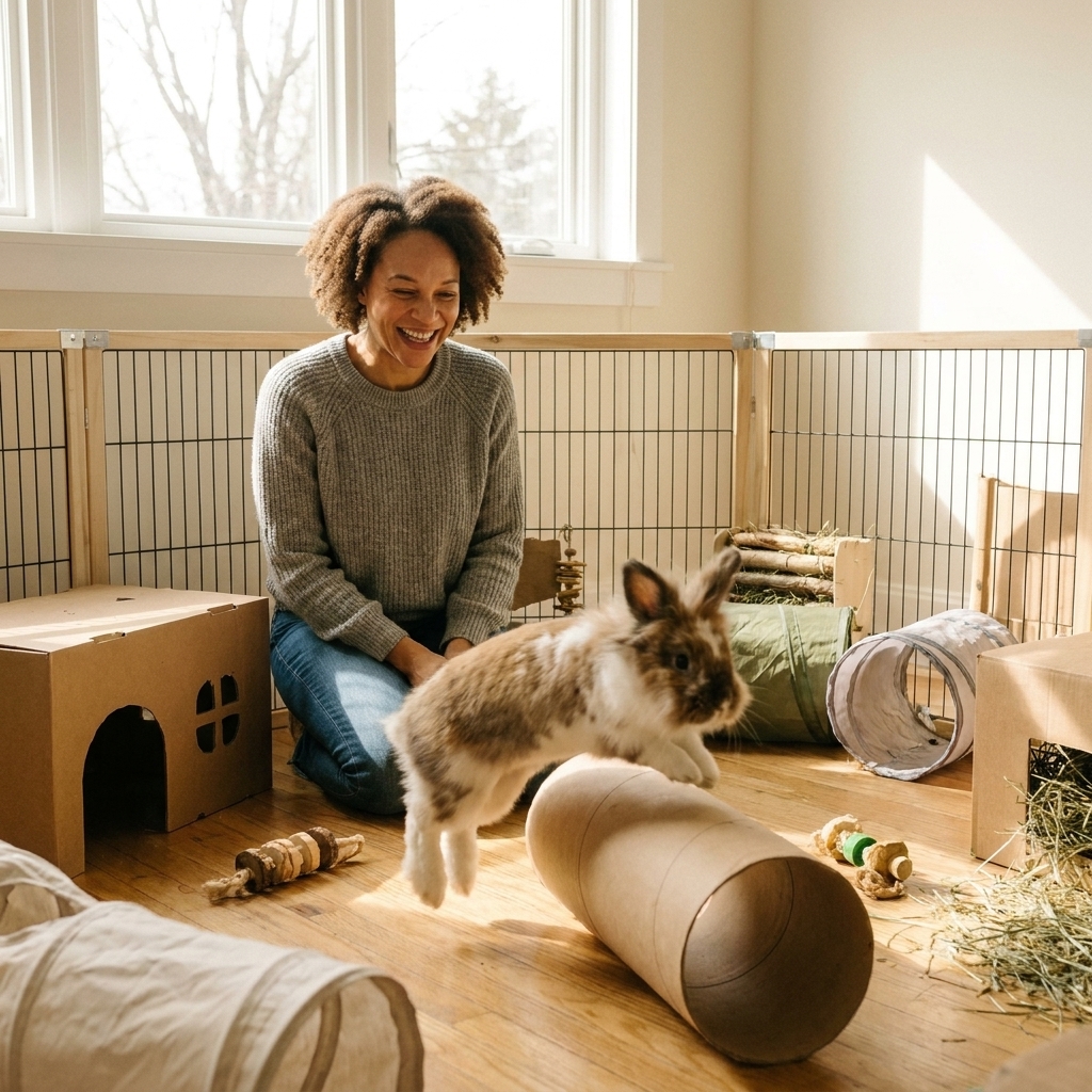 A pet rabbit mid-hop in a spacious indoor playpen with tunnels and cardboard hideouts