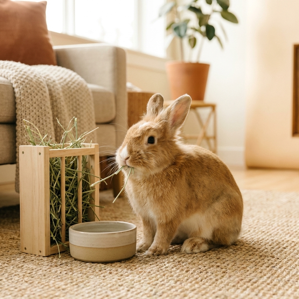 A pet rabbit sitting beside a hay rack and chewing soft orchard grass hay in a cozy home setting