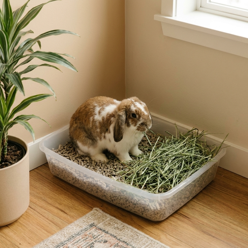A pet rabbit using a litter box with a large fresh pile of hay placed at one end in a tidy indoor setup