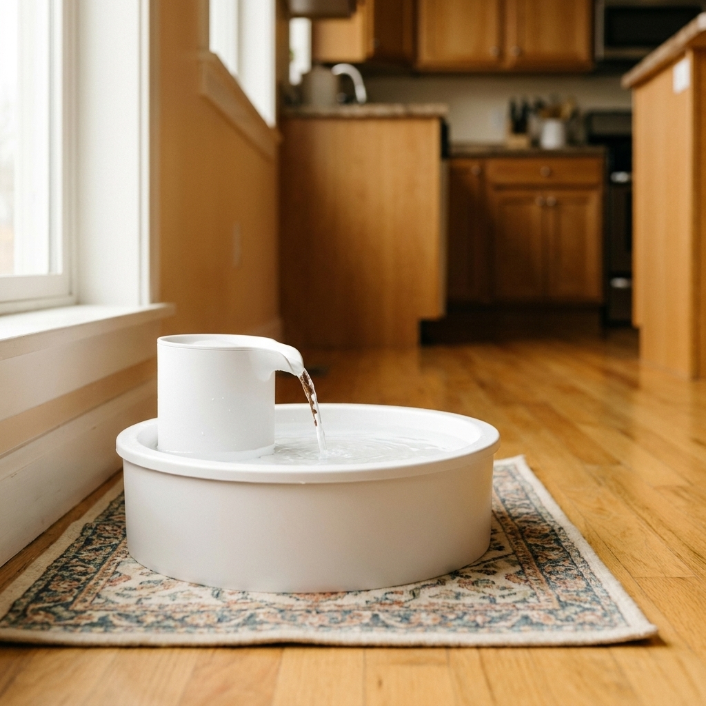 A plastic pet water fountain on a kitchen mat with a small spout pouring water into a round basin