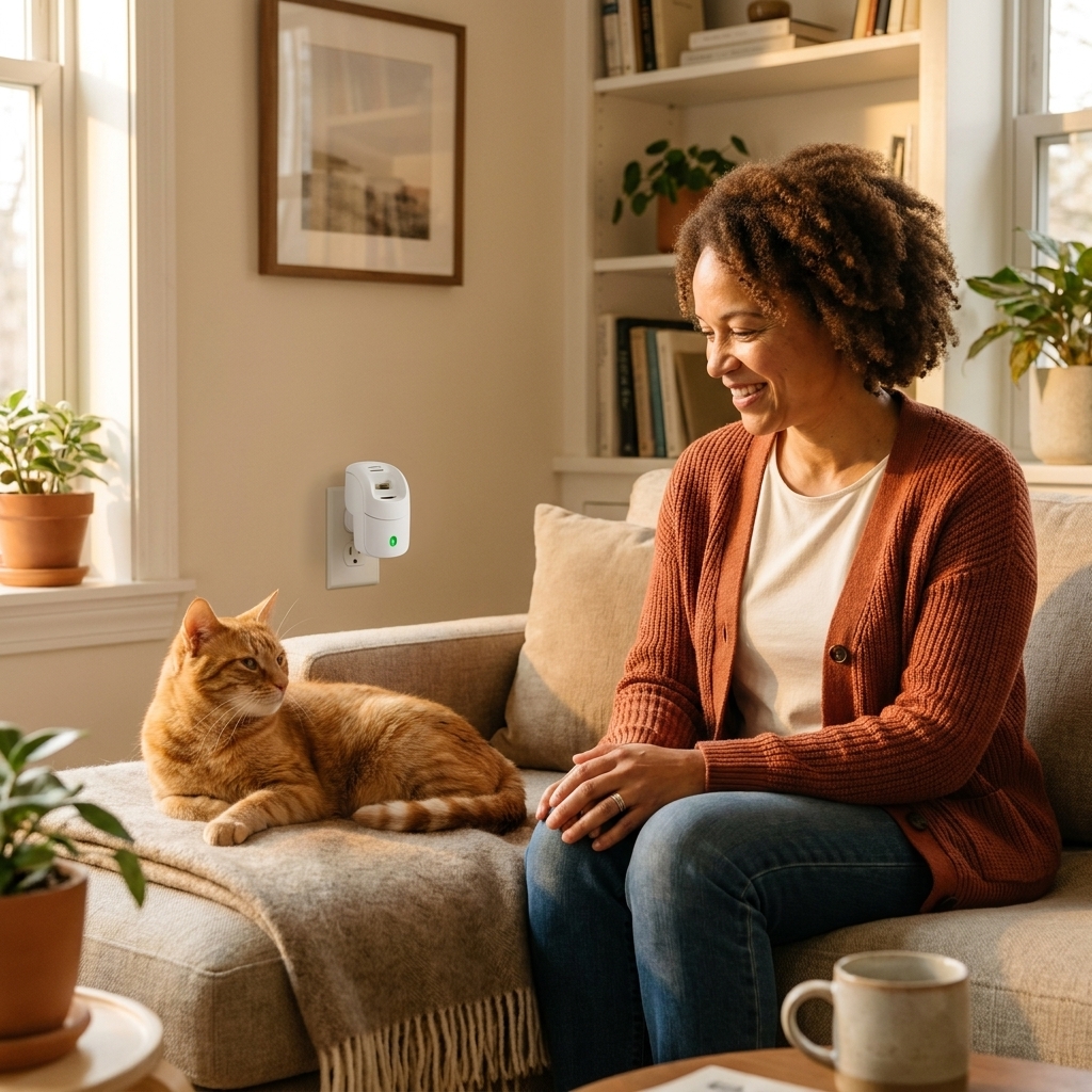A plug-in cat pheromone diffuser on a wall outlet in a cozy living room with a cat lounging nearby