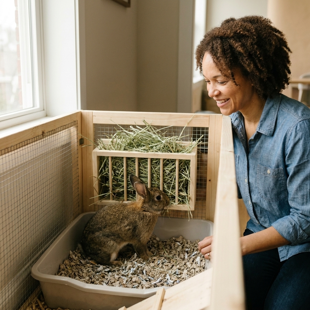 A rabbit enclosure with a litter box placed snugly in a corner, with a hay rack positioned directly above the box