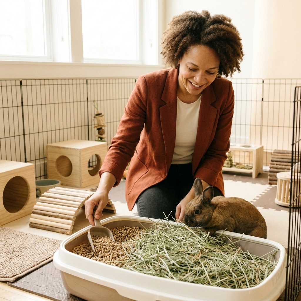 A rabbit litter box filled with wood pellets and topped with fresh hay inside a clean indoor rabbit pen
