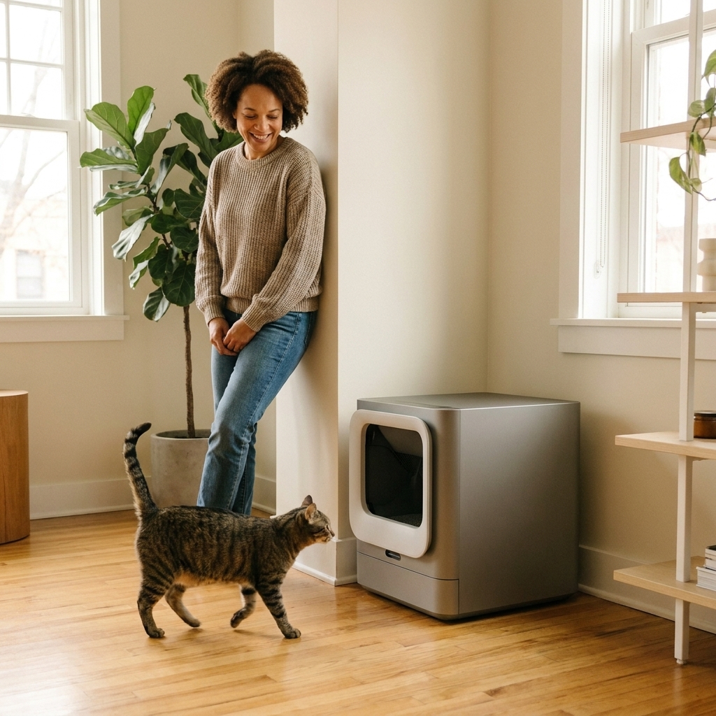 A rectangular automatic litter box with a wide front opening placed in a modern apartment corner, with a short-haired cat walking toward it