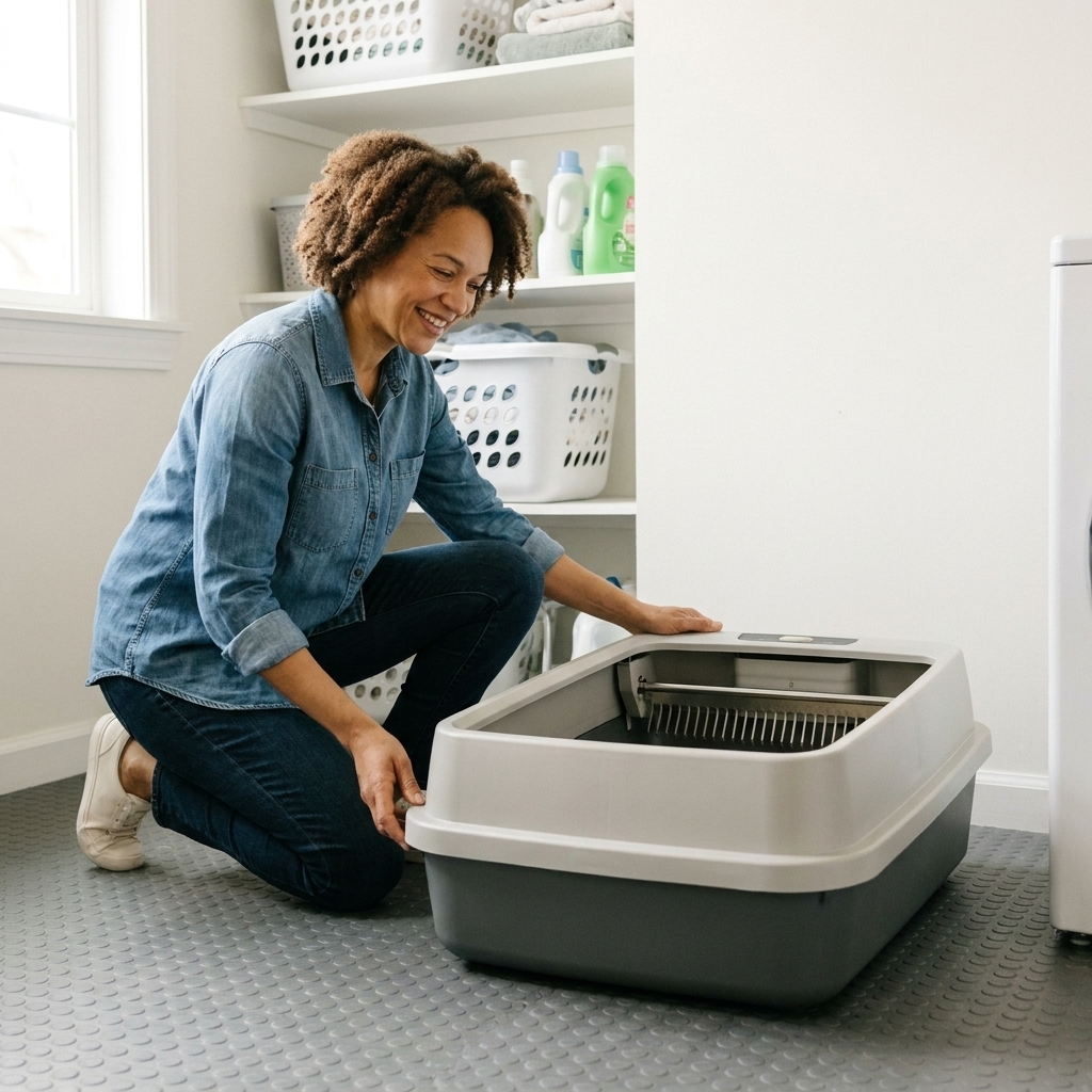 A rectangular self-cleaning litter box with a visible rake mechanism sitting on a protective floor mat in a utility room