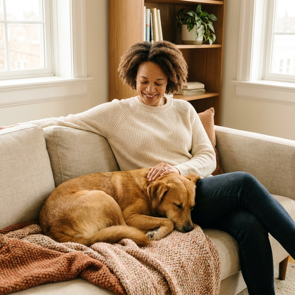 A relaxed adult dog curled up on a couch with a soft blanket in a tidy living room