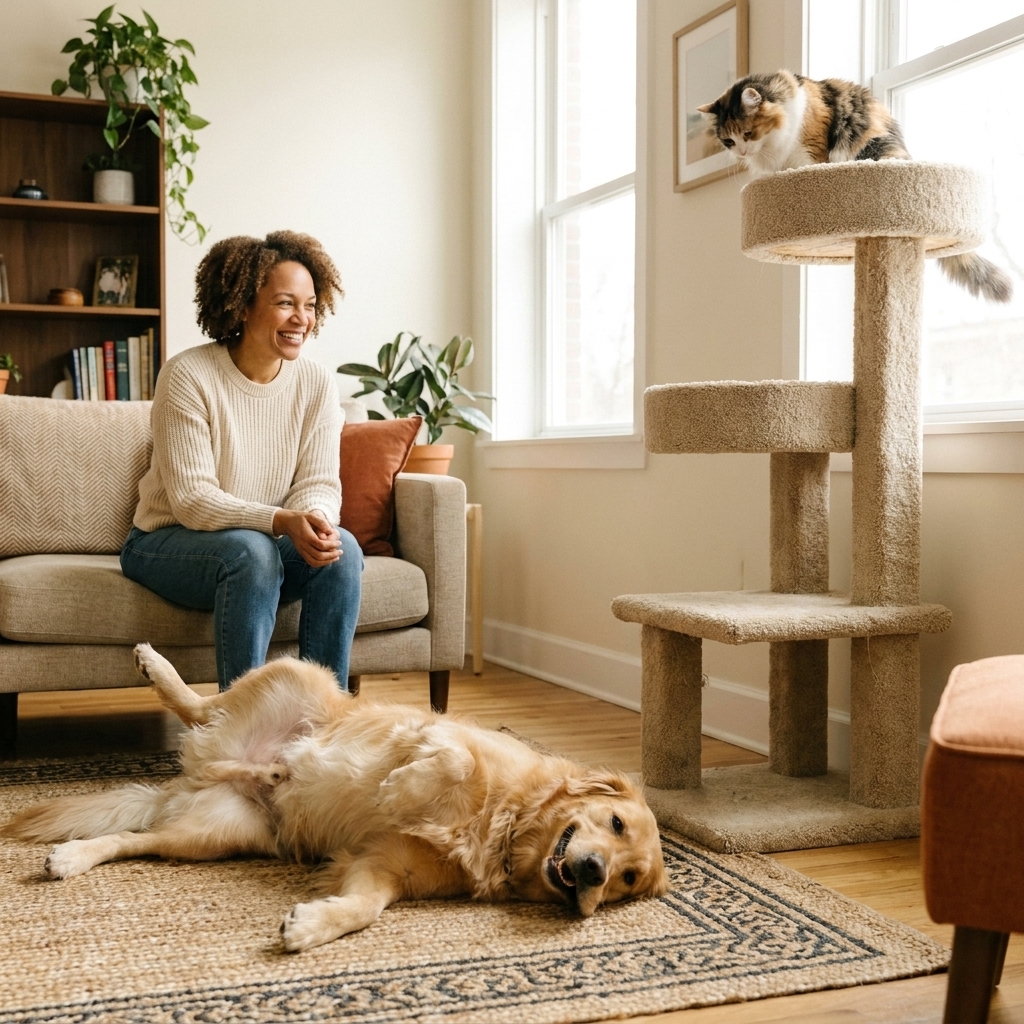 A relaxed dog lying on a living room rug while a cat sits calmly on a tall cat tree nearby
