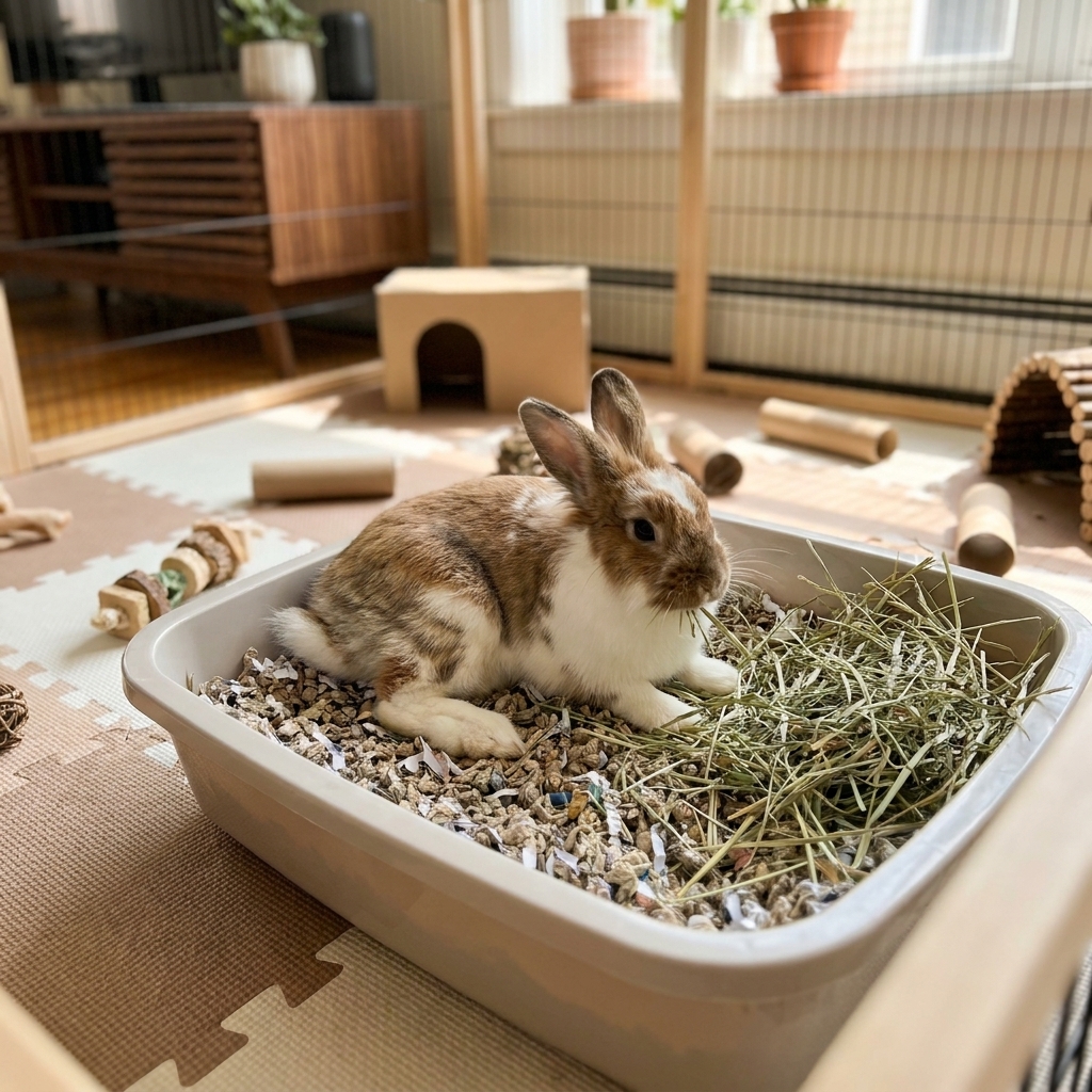 A relaxed rabbit sitting inside a litter box while eating hay, showing calm body language in an indoor play area