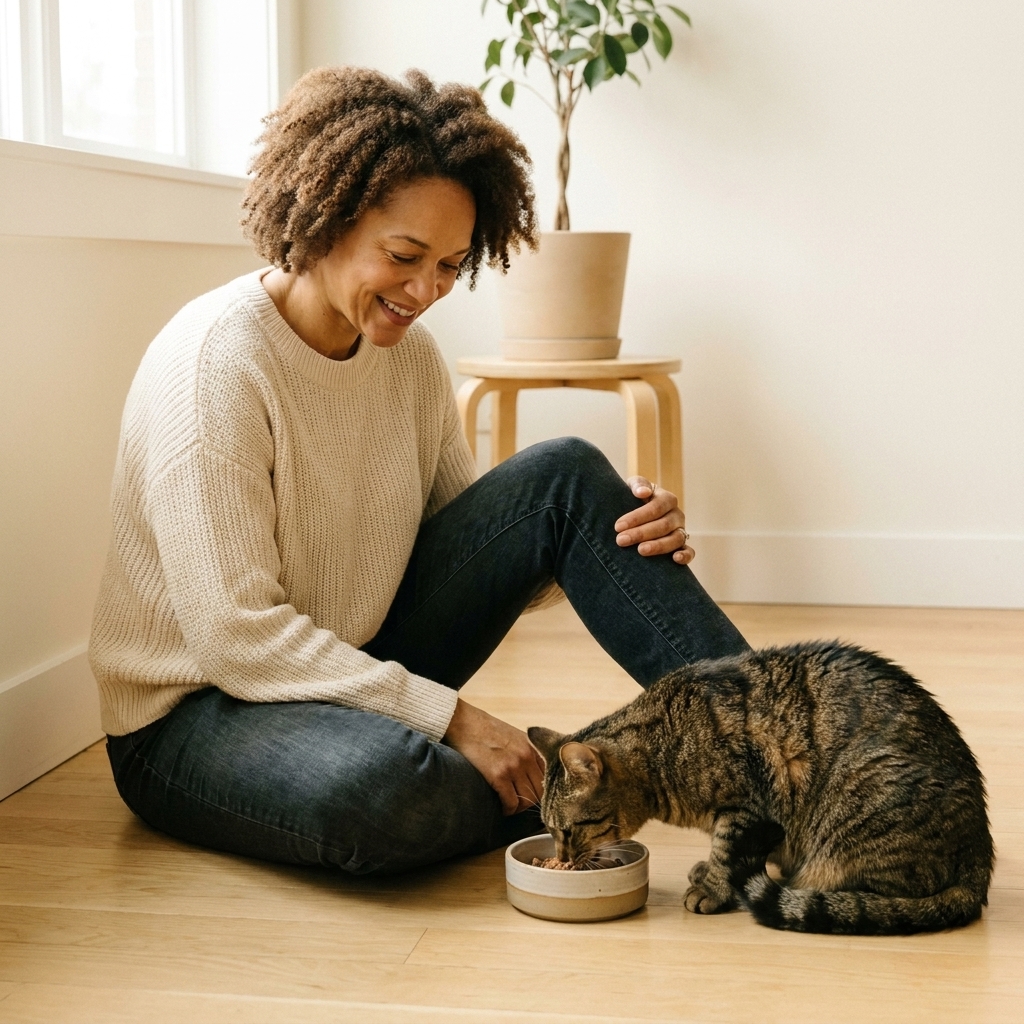 A relaxed tabby cat eating from a bowl in a quiet room with minimal clutter, soft window light