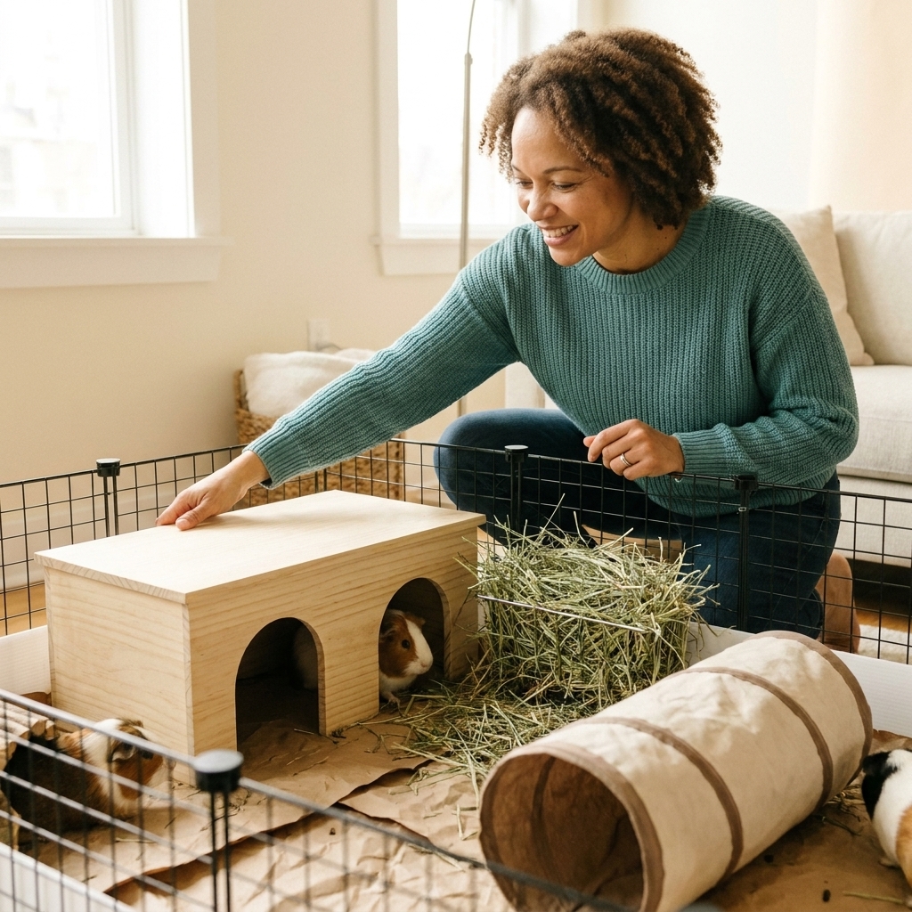 A roomy indoor guinea pig enclosure with paper bedding, a wooden hide house with two openings, a hay pile, and a tunnel