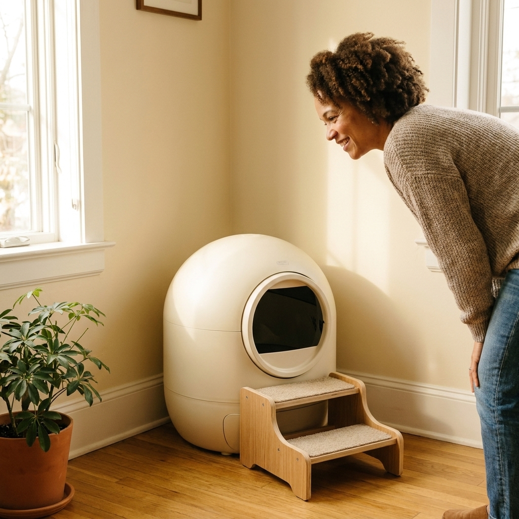 A rounded automatic litter box with a front opening in a living room corner, with a cat step placed in front for easier entry