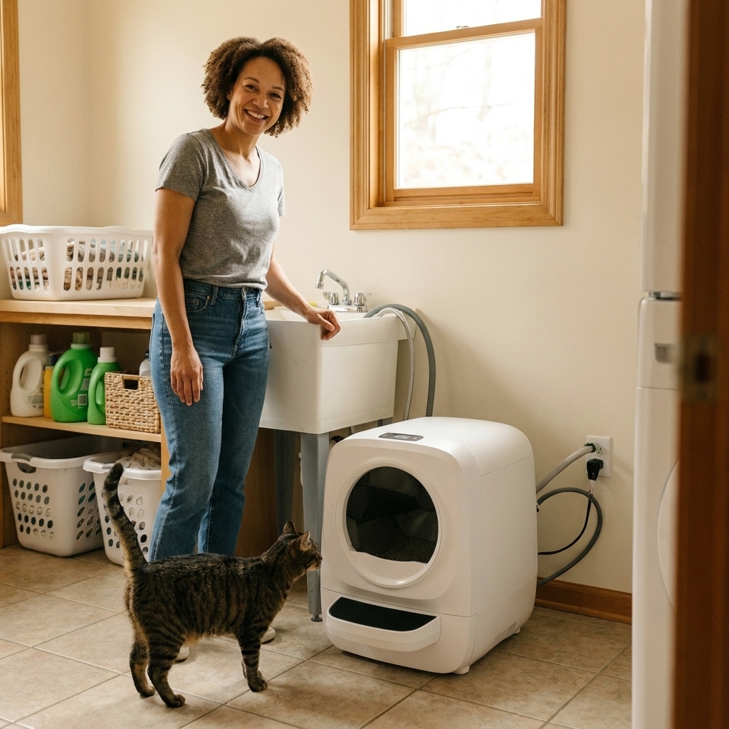 A self-washing cat box installed in a laundry room near a utility sink, with hoses connected and a cat standing nearby
