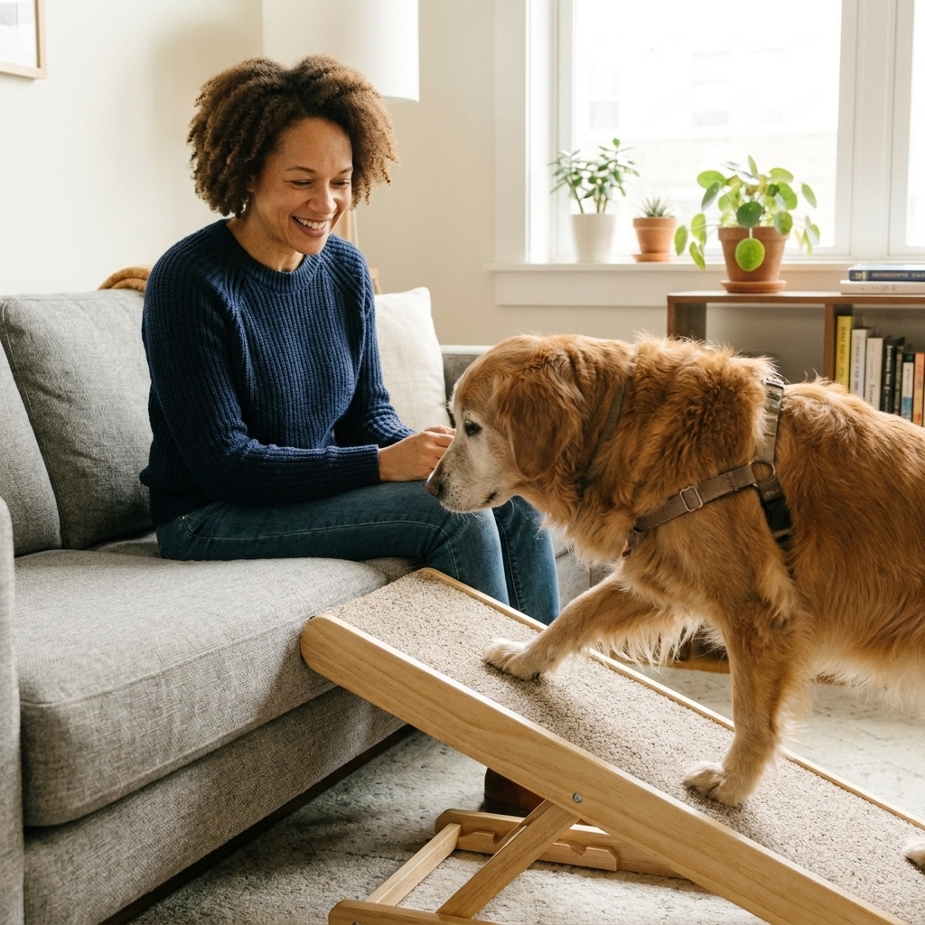 A senior dog carefully walking up a sturdy pet ramp to a couch in a tidy living room.