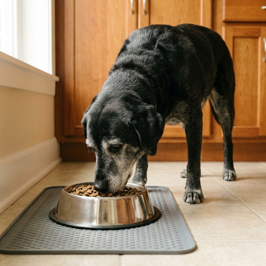 A senior dog with a gray muzzle eating from a bowl on a non-slip mat in a kitchen.