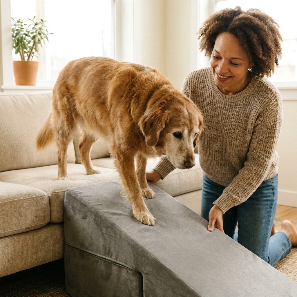 A senior dog with a graying muzzle walking up a small foam ramp to a couch while a pet parent stands nearby to steady the ramp