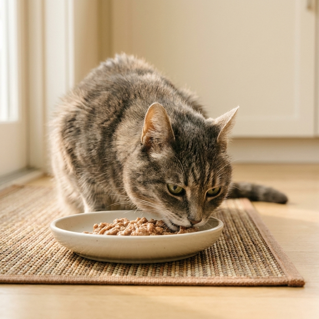 A senior gray cat eating wet food from a shallow bowl on a clean kitchen mat