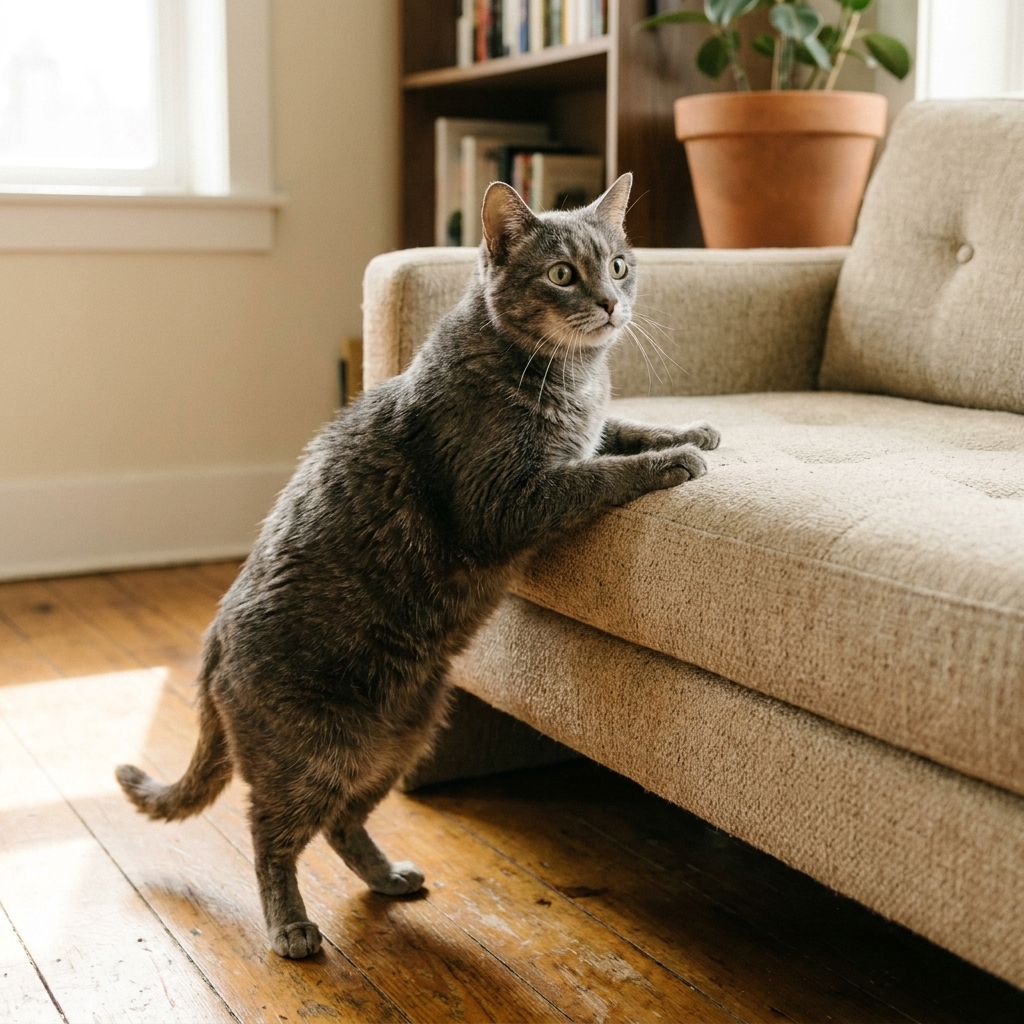 A senior gray cat pausing with front paws on a low couch cushion, hesitating before attempting to climb up