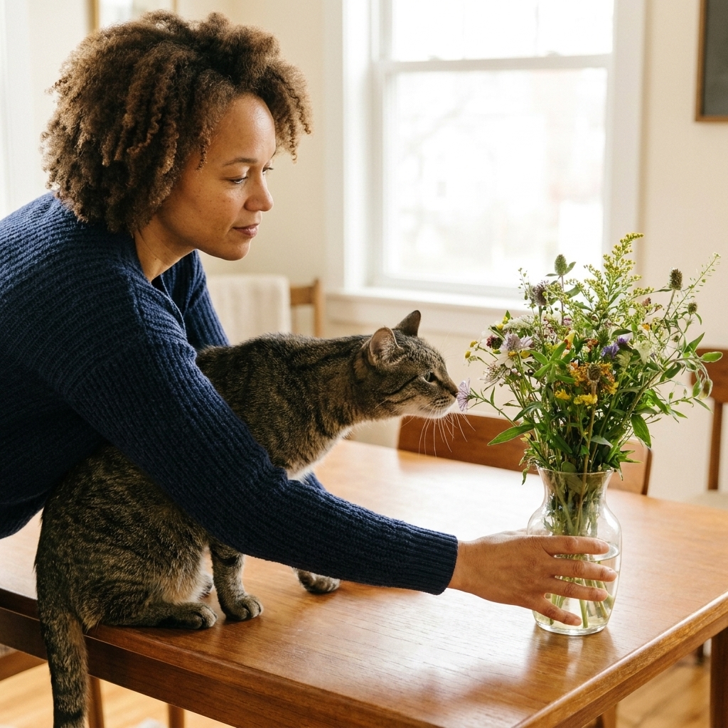 A senior tabby cat sniffing a bouquet on a dining table while a person reaches in to move the flowers away