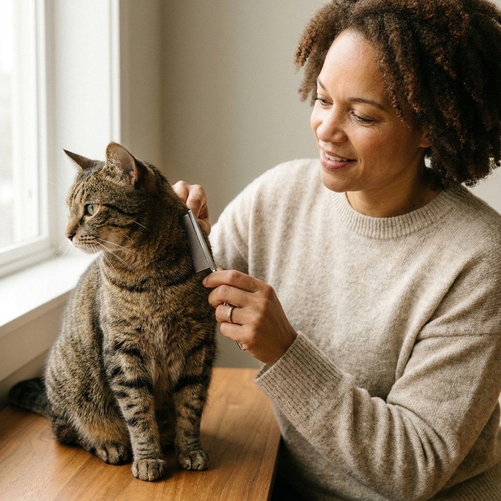 A shorthaired tabby cat sits calmly while a pet parent uses a fine-toothed flea comb along the neck and shoulders