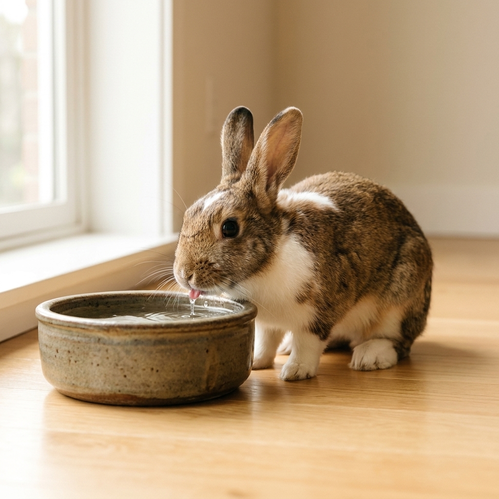 A small brown-and-white rabbit drinking water from a heavy ceramic bowl on a clean indoor floor