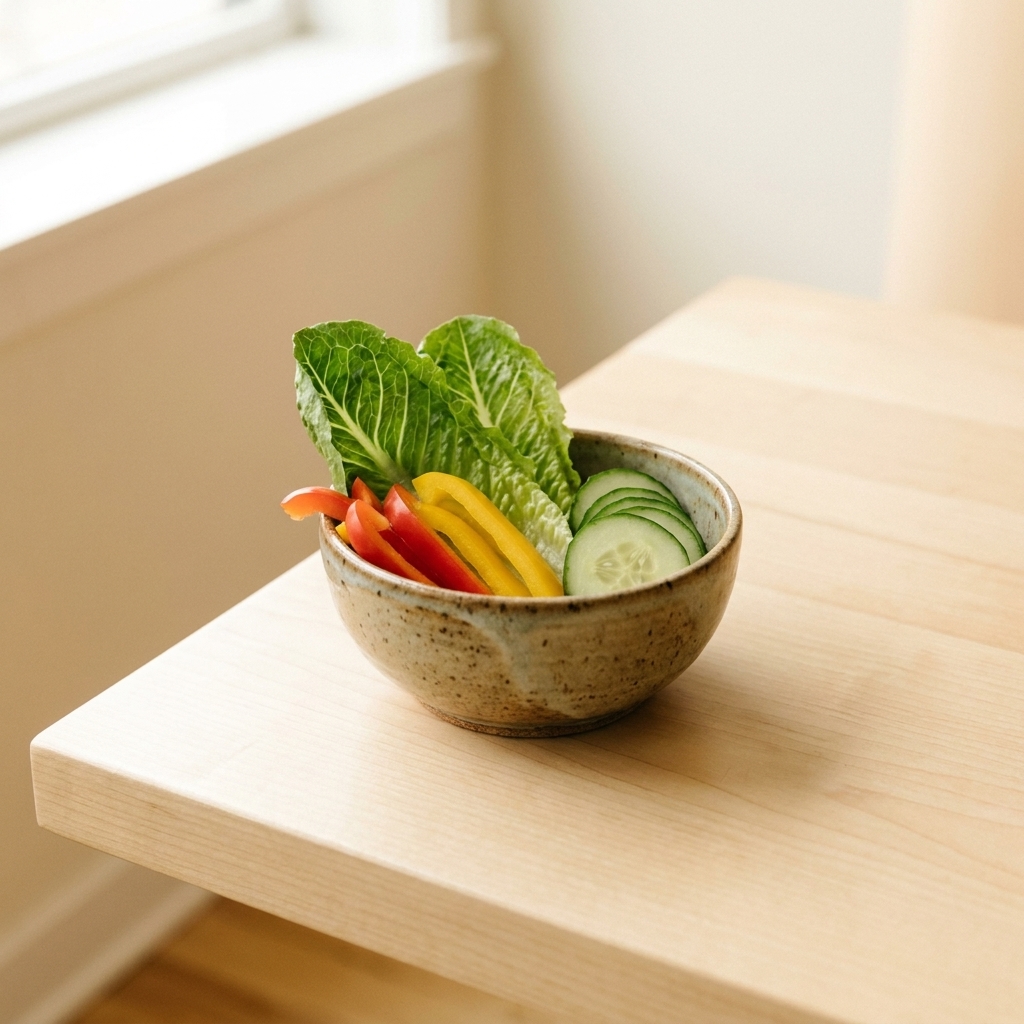 A small ceramic bowl filled with guinea pig-safe vegetables including romaine, bell pepper strips, and cucumber slices on a clean tabletop