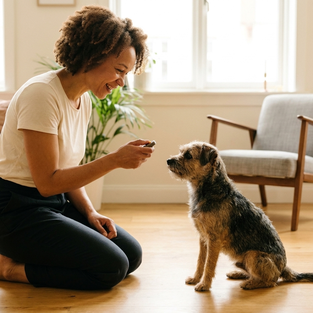 A small dog focused on a trainer’s hand holding a clicker during a calm indoor training session.