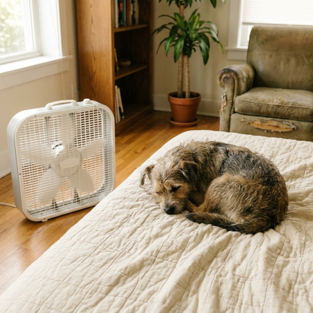A small dog lying on a bed in a living room while a box fan runs nearby, helping mask outside sounds