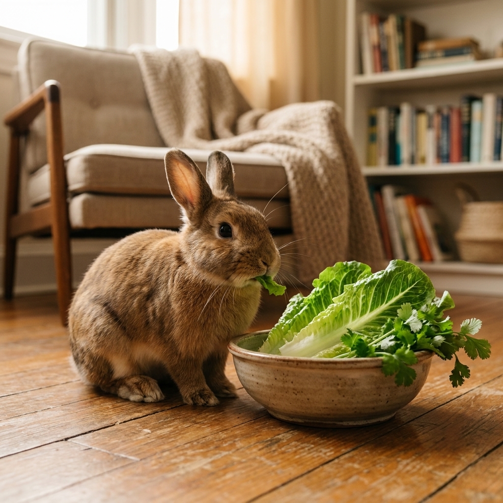 A small pet rabbit sitting beside a ceramic bowl filled with romaine and cilantro, nibbling calmly in a cozy living room