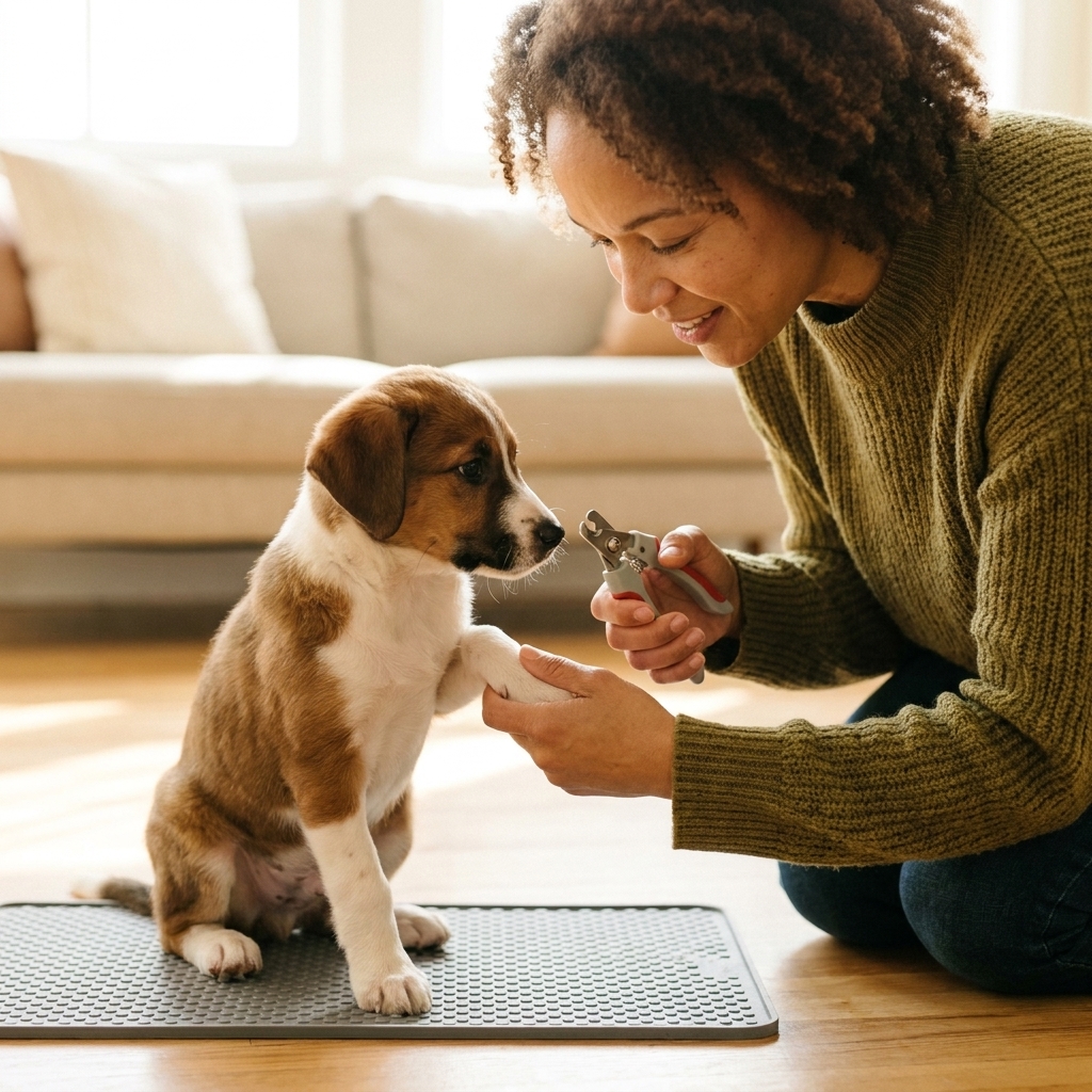A small puppy sitting on a non-slip mat while a person gently holds one paw and shows a nail clipper nearby in a calm home setting.