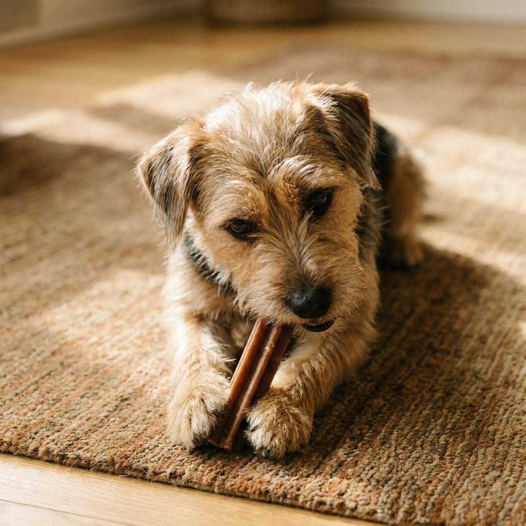 A small terrier mix holds a dental chew treat between its paws while lying on a living room rug