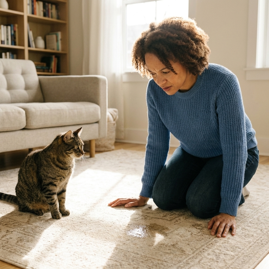 A small urine puddle on a light-colored rug in a living room with a cat watching nearby, realistic home scene
