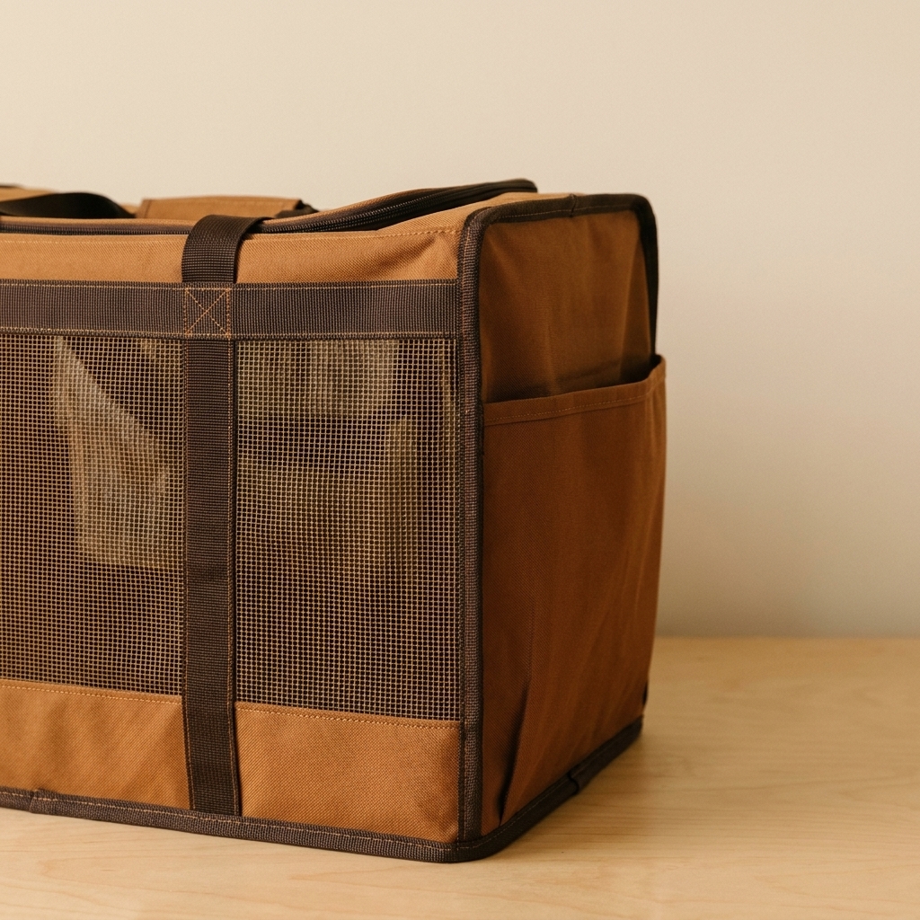 A soft-sided pet carrier showing sturdy mesh ventilation panels and reinforced seams along the side